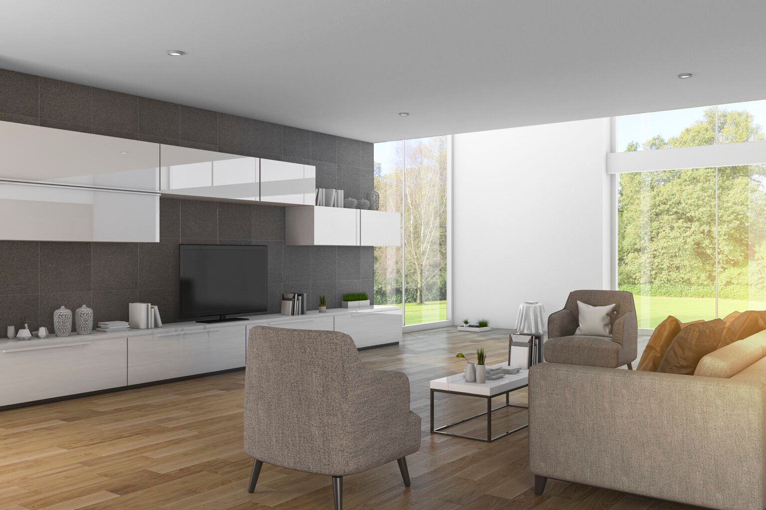 Covering salon moderne – panneaux muraux foncés et meubles TV relookés à La Louvière