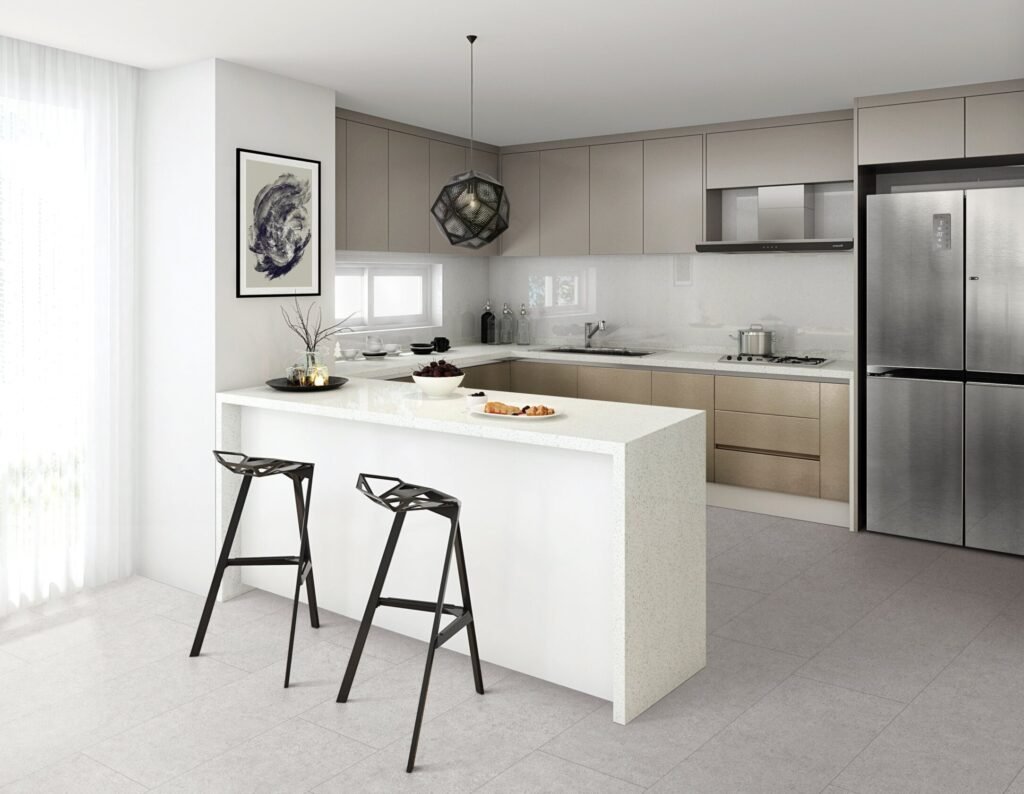 Covering cuisine blanche moderne avec îlot – rénovation sans travaux à La Louvière